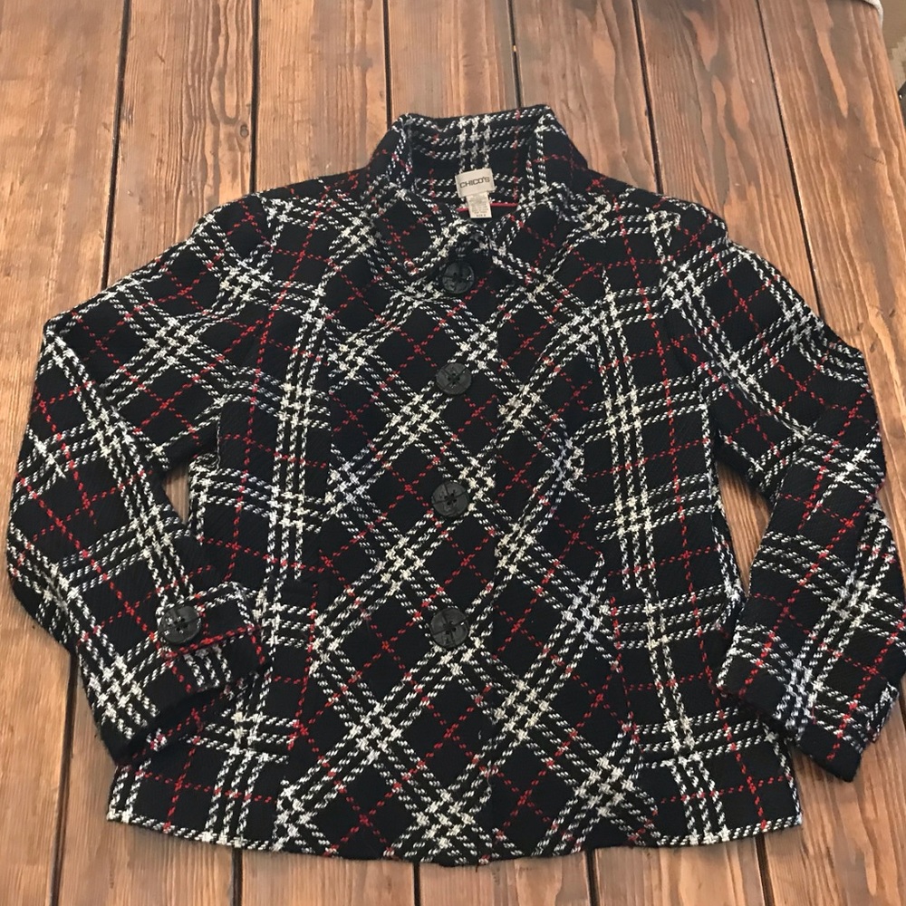 Chico’s Size 2 Black Red White Tweed Blazer